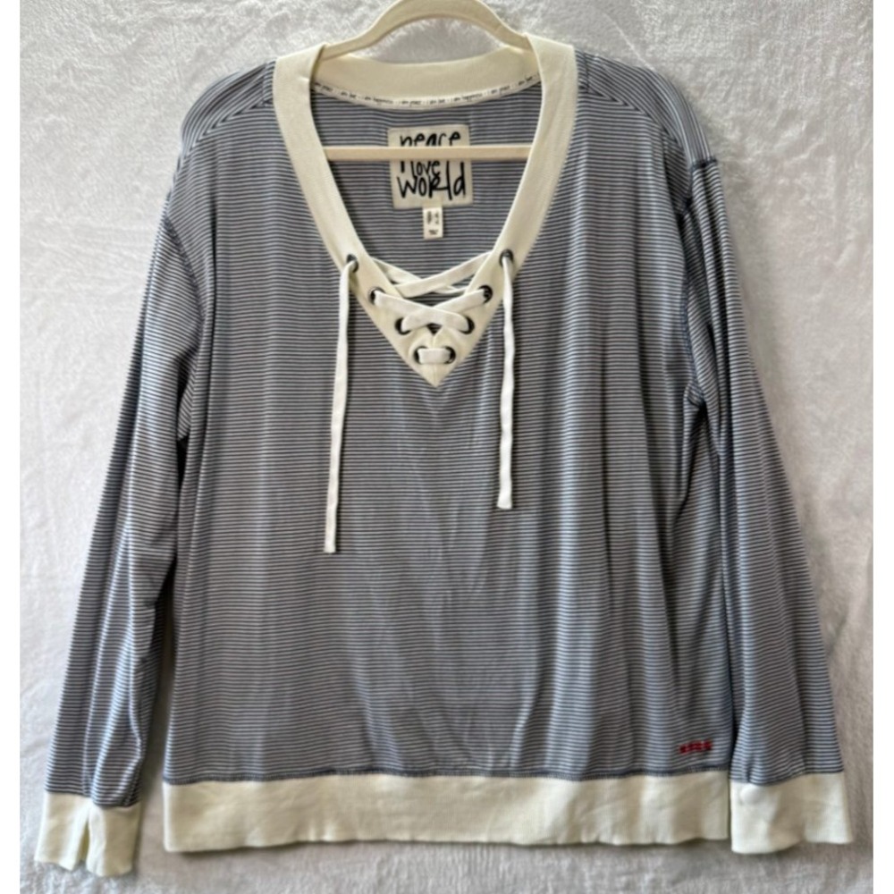 Peace Love World Striped Lace-Up V-Neck Long Sleeve Top Womens L Blue White